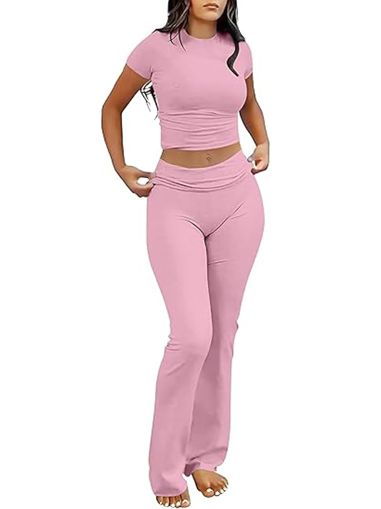 Women 2 Piece Lounge Sets Pajama Set Outfits Short Sleeve Crop Top and Foldover Flare Pants | Amazon (US)