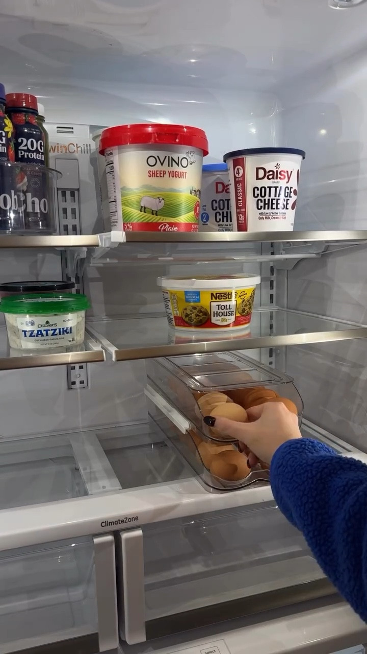the egg thing really has changed my life I’m ngl🥚👵🏼 all on my ZON storefront under “home organizing”! #fridgecleanout #fridgerestock #morningroutines