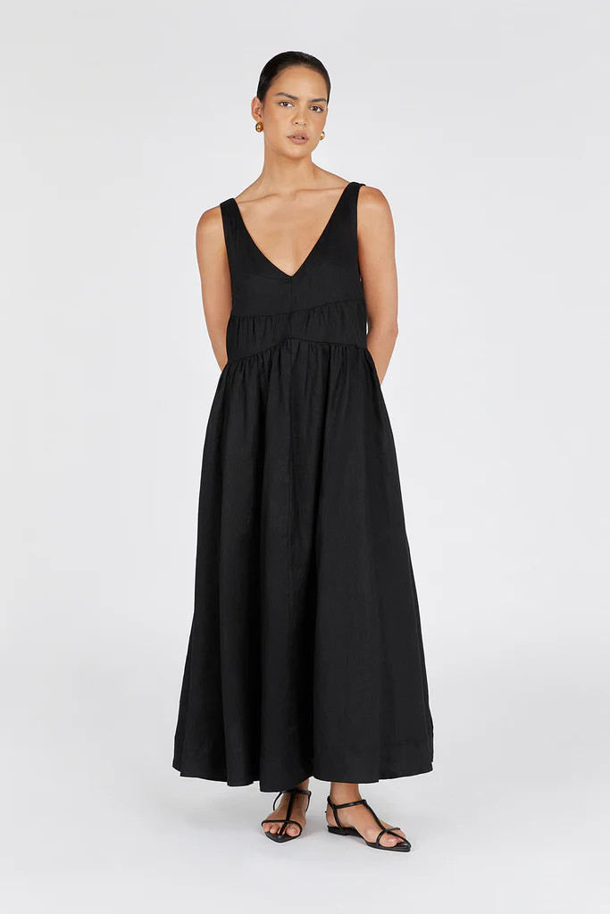 ARLO BLACK V NECK LINEN MAXI DRESS | DISSH