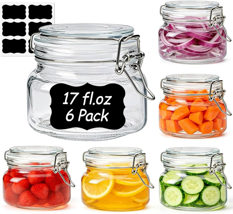 ComSaf Set of 6 Square Glass Jars with Airtight Wire Clamp Lids (17 Oz), Wide Mouth Pantry Canist... | Amazon (US)