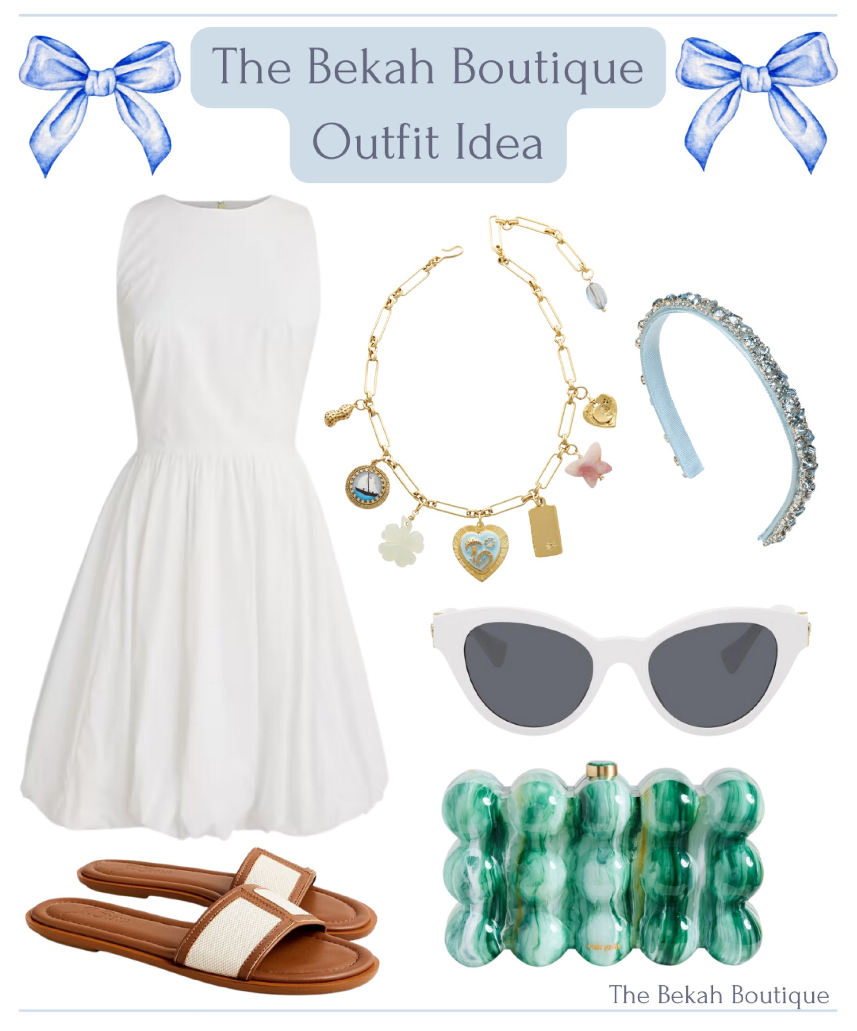 Summer dress, summer outfit, summer style, white dress, little white dress, Coastal, resort wear, Pinterest, European, glamorous, elegant, classic, feminine, charm necklace, nautical, brinker & eliza, j. Crew, white cat eye sunglasses, cat eye sunglasses, Versace, sparkly headband, bejeweled headband, Jennifer behr, statement clutch, bubble clutch, clutch, clutch bag, aqua, turquoise, green, sea green, cult Gaia, canvas slide sandals, leather slide sandals, neutral 

#LTKSeasonal #LTKFind #LTKitbag