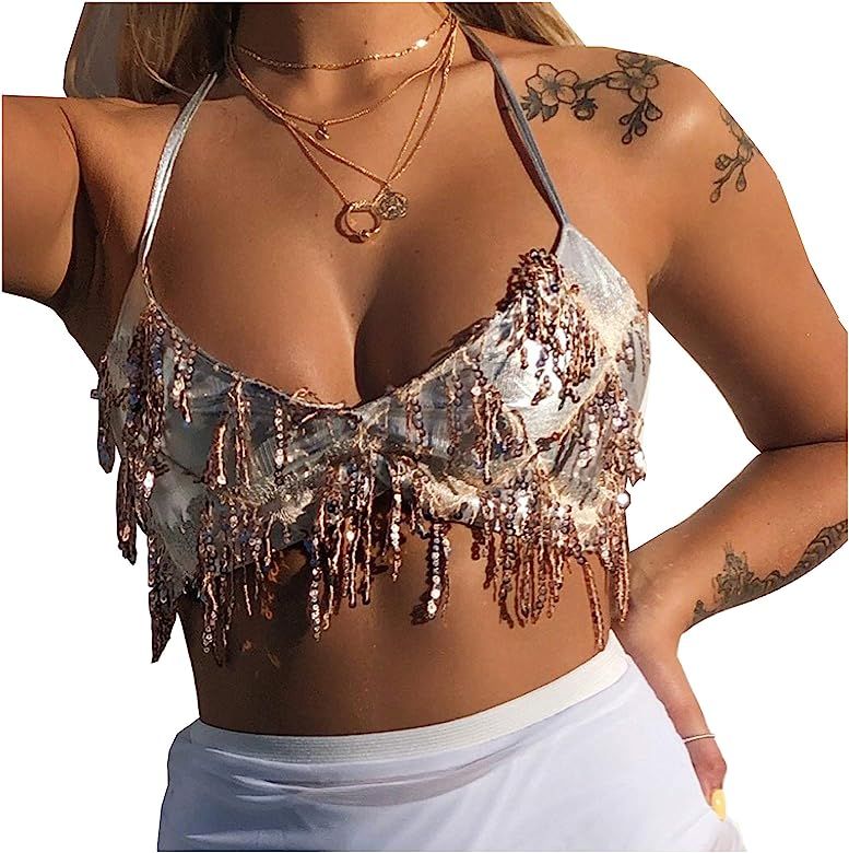 Wuchieal Women's Belly Dance Costume Sequin Bra Tassel Top with Chest Party Club Wear Bra Top | Amazon (US)