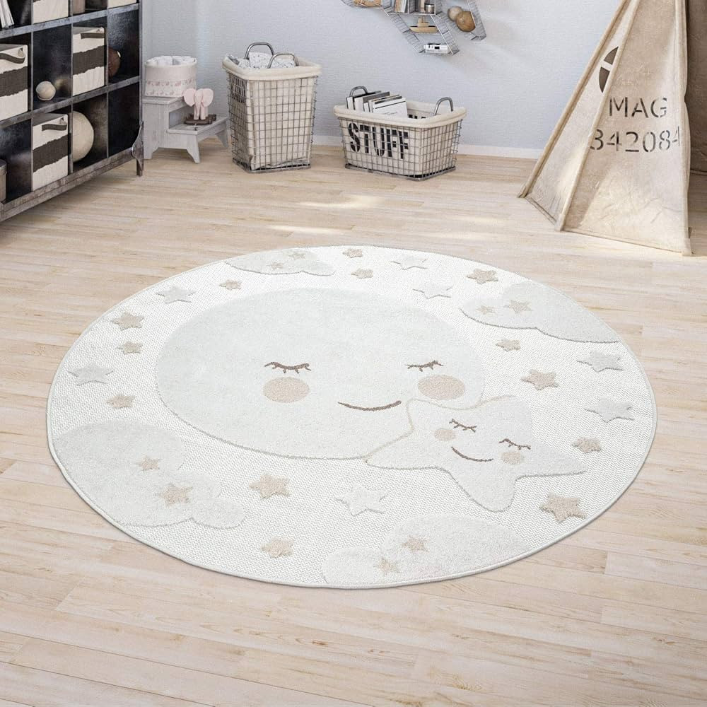 Paco Home Kids Rug Charming Moon & Stars in The Night Sky in Cream Beige, Size: 6'7" Round | Amazon (US)