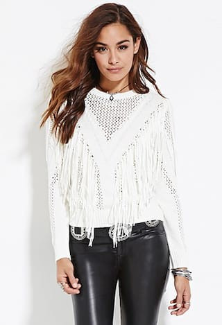 FOREVER21 Women's  Cream Fringed Open Knit Sweater | Forever 21 (US)