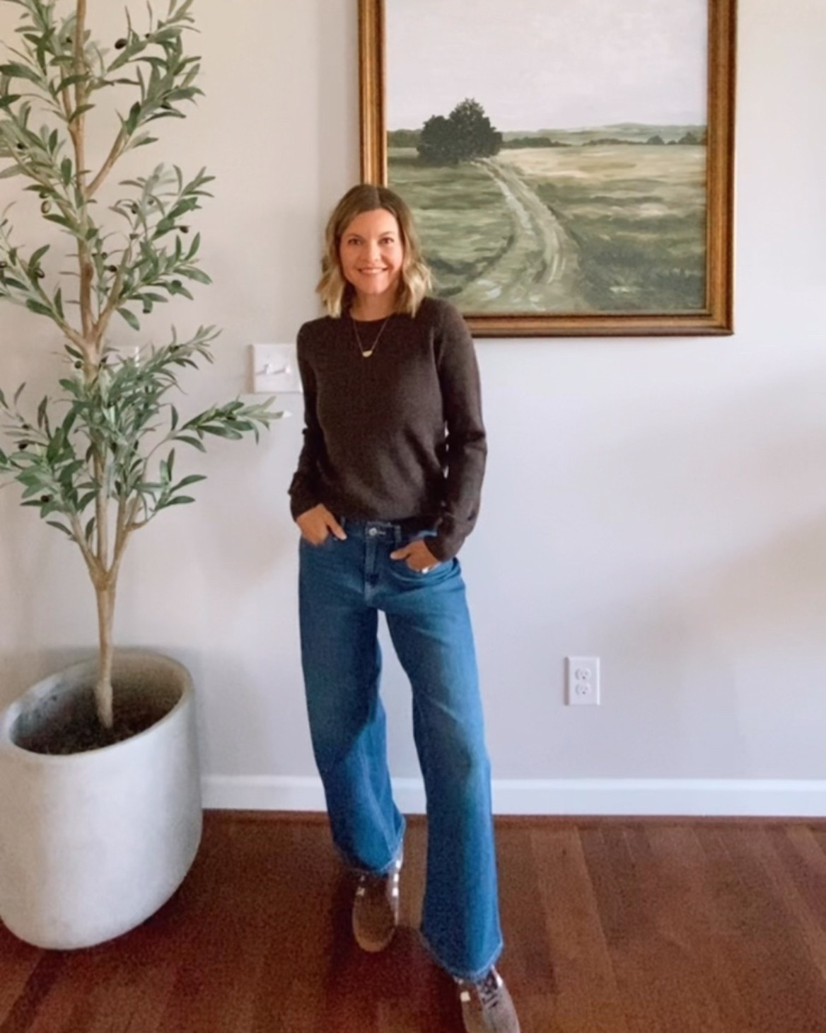 Casual fall outfit: $50 cashmere sweater in “chocolate truffle heather” with brown Adidas sneakers & cropped wide-leg jeans

#LTKOver40 #LTKFindsUnder50 #LTKPetite