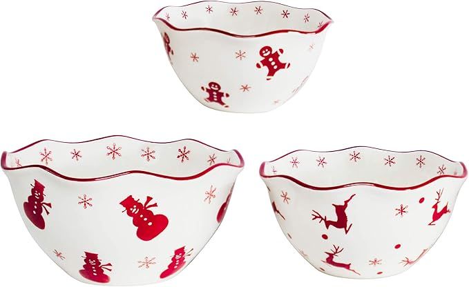Euro Ceramica Winterfest Christmas Collection, 3-Piece Nesting Serving Bowls Set, Red/White | Amazon (US)