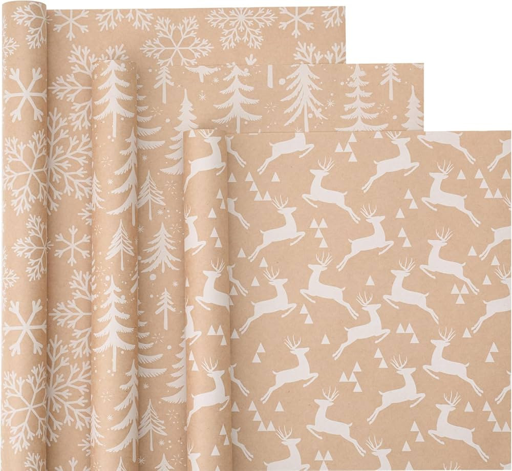 WRAPAHOLIC Kraft Christmas Wrapping Paper Roll - Mini Roll - 3 Rolls - 17 Inch X 120 Inch Per Rol... | Amazon (US)