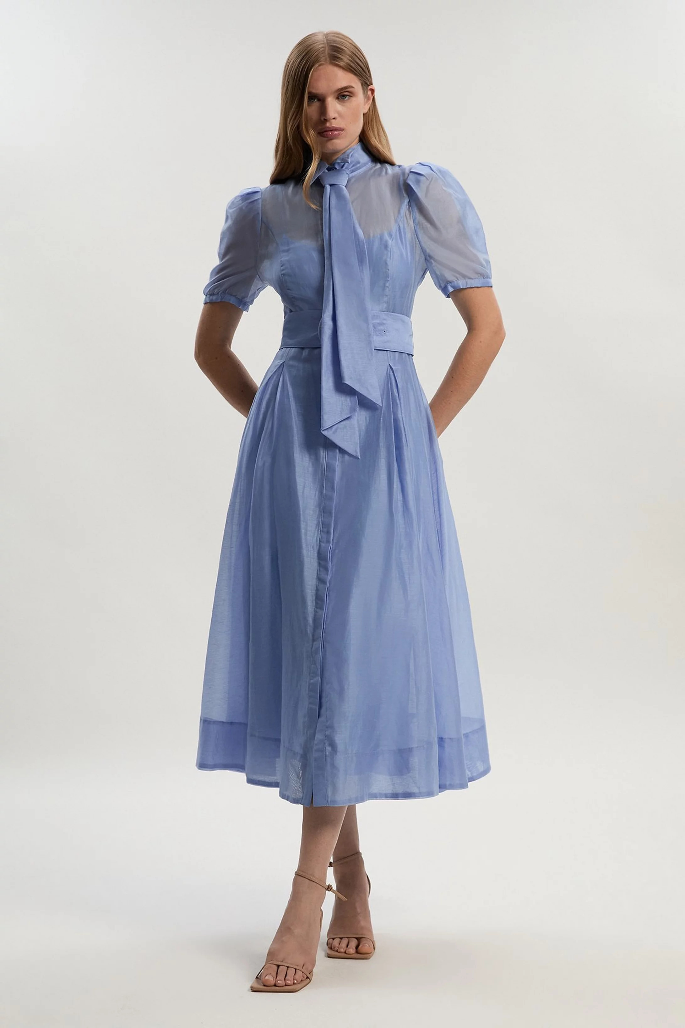 Organdie Tie Neck Woven Midi Dress | Karen Millen US