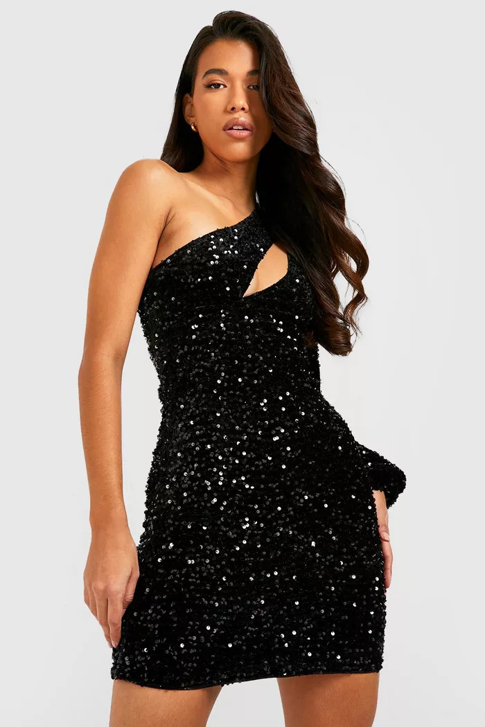 Tall Cut Out One Sleeve Velvet Sequin Dress | Boohoo.com (UK & IE)