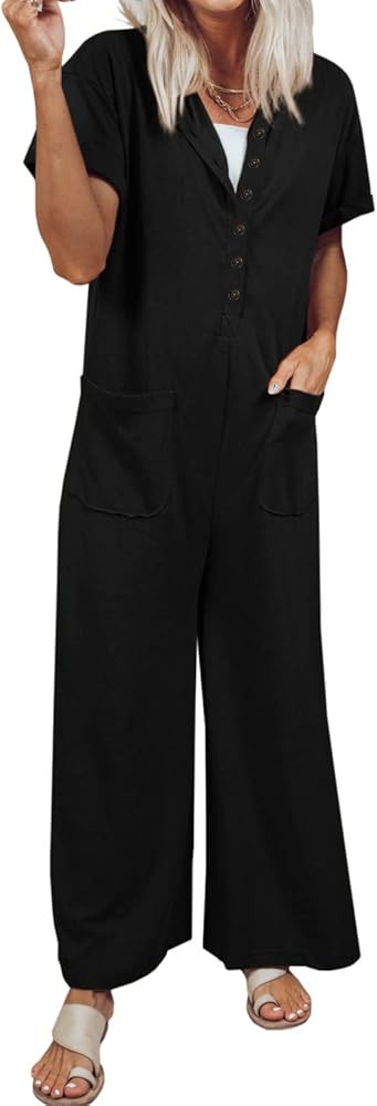 Nirovien Women's Casual V Neck Jumpsuits Short Sleeve Wide Leg Romper Button Down Baggy Long Over... | Amazon (US)