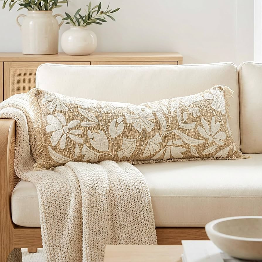 BlissBlush Jute Decorative Spring Long Lumbar Pillow Cover 14x36, Neutral Floral Tufted Body Pill... | Amazon (US)
