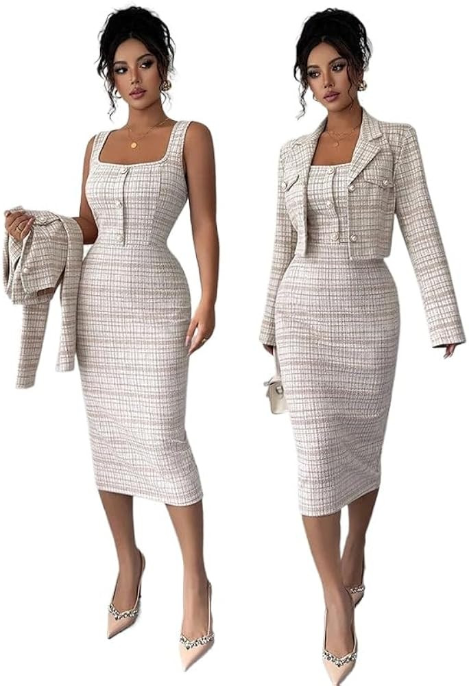 Women\u2019s 2-Piece Plaid Tweed Dress Set \u2013 Sleeveless Square Neck Midi Dress with Cropped ... | Amazon (US)