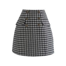 Gingham Pattern Shimmer Tweed Mini Skirt in Black | Chicwish