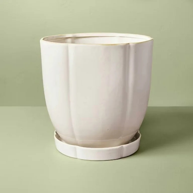Stoneware Indoor/Outdoor Planter Pot with Saucer, Round Ceramic Design, 11.25 x 11.25 x 11 in, Cr... | Walmart (US)