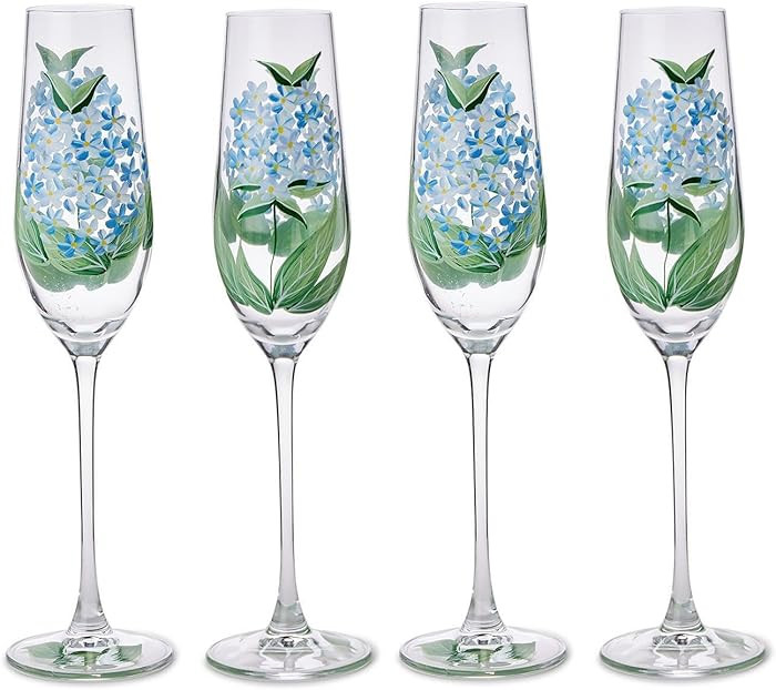 Two's Company Hydrangea Blue Hand-Painted, Stemmed Champagne Flutes, Set of 4, 16 oz, 10.25-inch ... | Amazon (US)