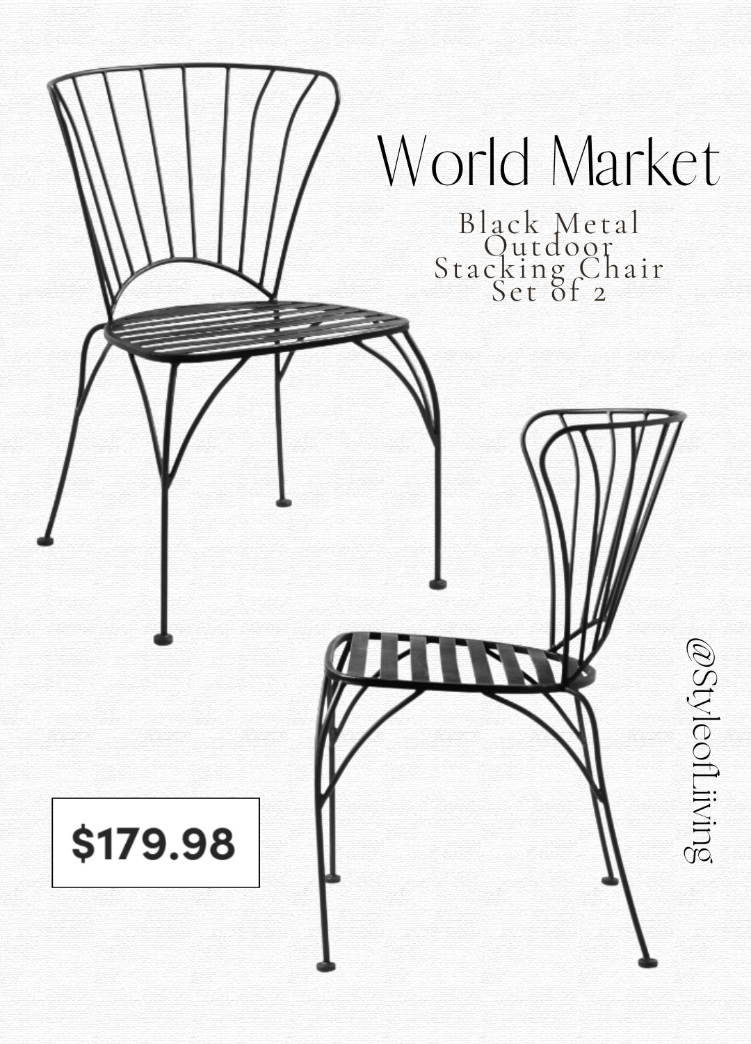 Black Metal Outdoor Stacking Chair Set of 2 from World Market! Less than $200. Outdoor bistro dining chairs.
#diningchairs #outdoorchairs #bistrochairs #worldmarket 

 #LTKSeasonal #LTKHome #LTKSaleAlert