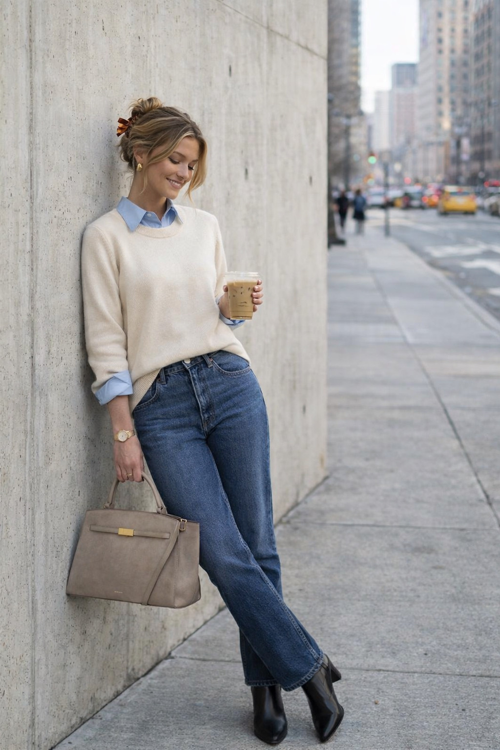 Spring work outfit in jeans blue shirt navy blue coat jacket and black booties

#LTKspring#LTKeurope#LTKjeans
