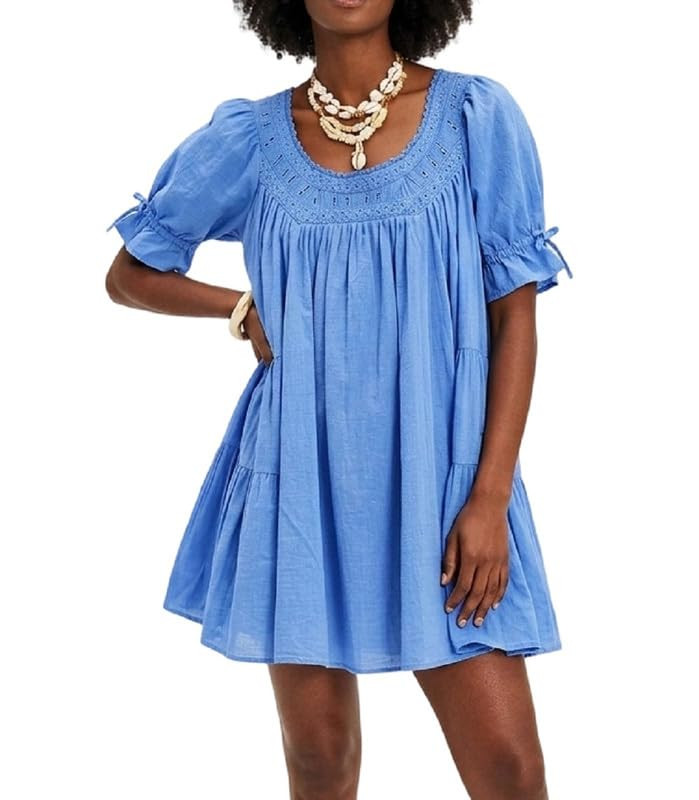 Women Puff Sleeve Babydoll Dress Square Neck Flowy Mini Dress Bow Tie Ruffle A Line Short Dress S... | Amazon (US)