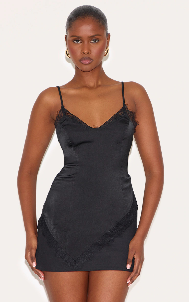 Black Satin Lace Detail Strappy Asymmetric Cami Top | PrettyLittleThing UK