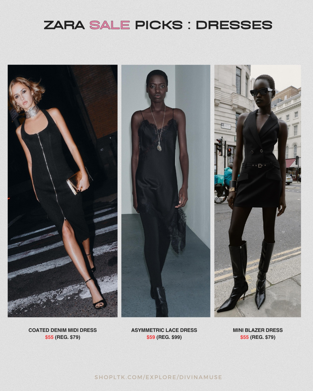 dresses from zara sale. 
- coated denim midi dress. the mesh metal choker was a nice touch!
- asymmetric lace dress 
- mini blazer dress 
 

 #LTKSaleAlert #LTKMidsize #LTKFindsUnder100