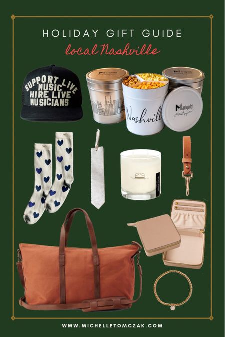 Local Nashville Holiday Gift Guide 2023. Michelle Tomczak Blog  Hat, Socks, & Leather key chain are from Imogene + Willie. Popcorn & Tins is from Marigold Gourmet Popcorn. 40% off the jewelry box with code: MTHOLIDAY40. An extra 5% off the weekender bag with code: MICHELLEEXTRA  

#LTKGiftGuide #LTKHoliday #LTKCyberWeek