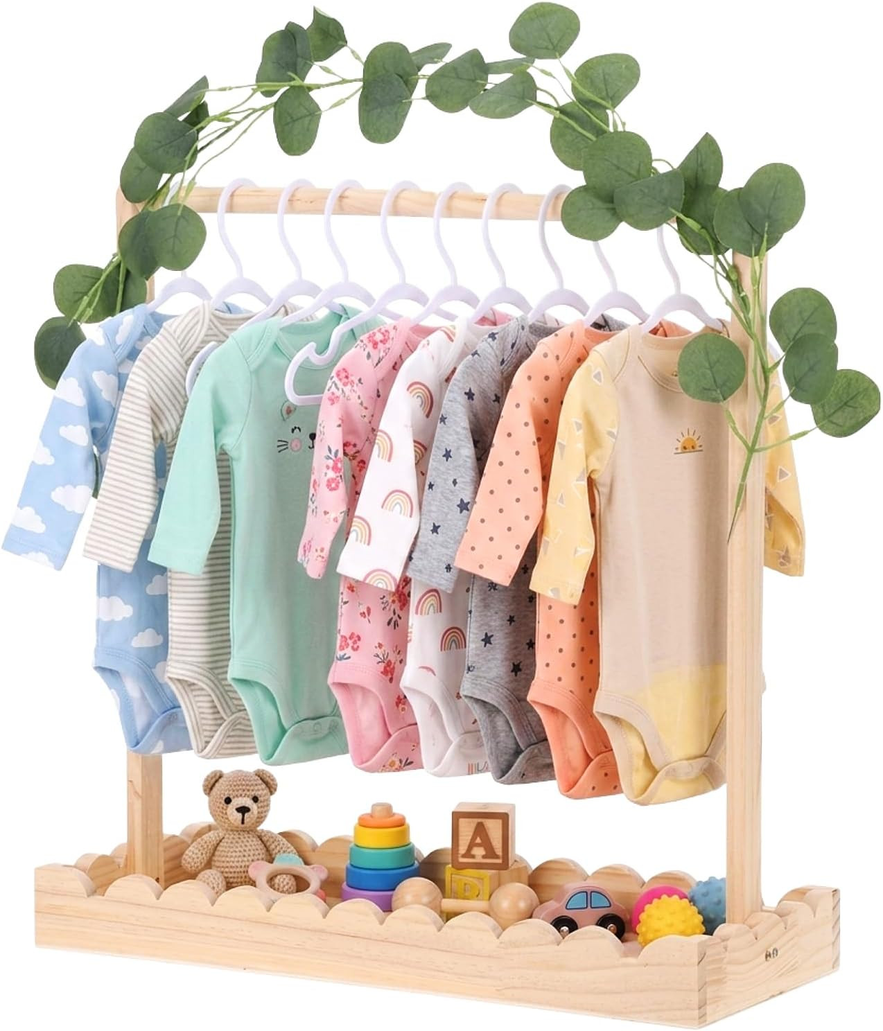 Rainmae Wooden Baby Clothing Rack for Toddler, Baby Shower Crate Closet, Baby Shower Basket with Hanger Rack, Hangers, Ivy Garland Decor, Newborn Gifts Basket for Pets Boys Girls Welcome Present | Amazon (US)