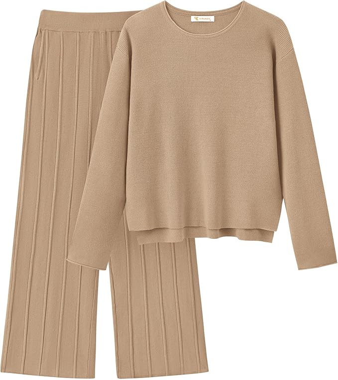 KIRUNDO Women's Fall 2 Piece Sweater Set Long Sleeve Knit Pullover Tops High Waist Pleated Wide L... | Amazon (US)