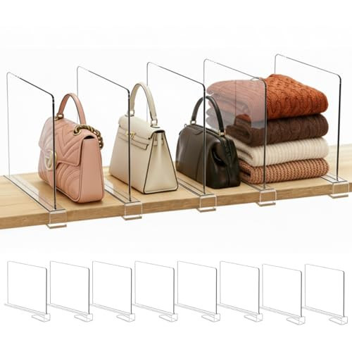 SortNStore Shelf Dividers Purse Organizer for Closet: 8-Pack Acrylic Bag Storage Organizer for Handbags, Clutches, Clothes, Sweater, Towel on Wood Shelves | Amazon (US)