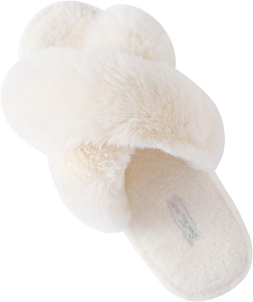 GaraTia Women Open Toe Slippers Plush Cross Band Fleece Fluffy Memory Foam House Shoes | Amazon (US)