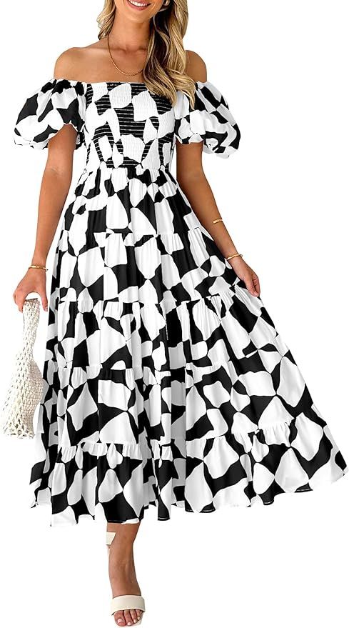 PRETTYGARDEN Womens 2024 Summer Boho Midi Dress Off Shoulder Puff Sleeve Print Smocked Ruffle Bea... | Amazon (US)