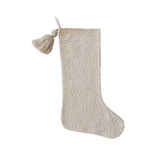 Creative Co-Op, Cream Woven Fabric Blend Stocking with Gold Sequins, Metallic Thread Wrapped Tassel and Wood Bead, Color | Amazon (US)