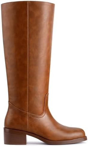 Women's Banana Knee High Boots Square Toe Chunky Block Heel Comfortable Low Heel Pull on Wide Cal... | Amazon (US)