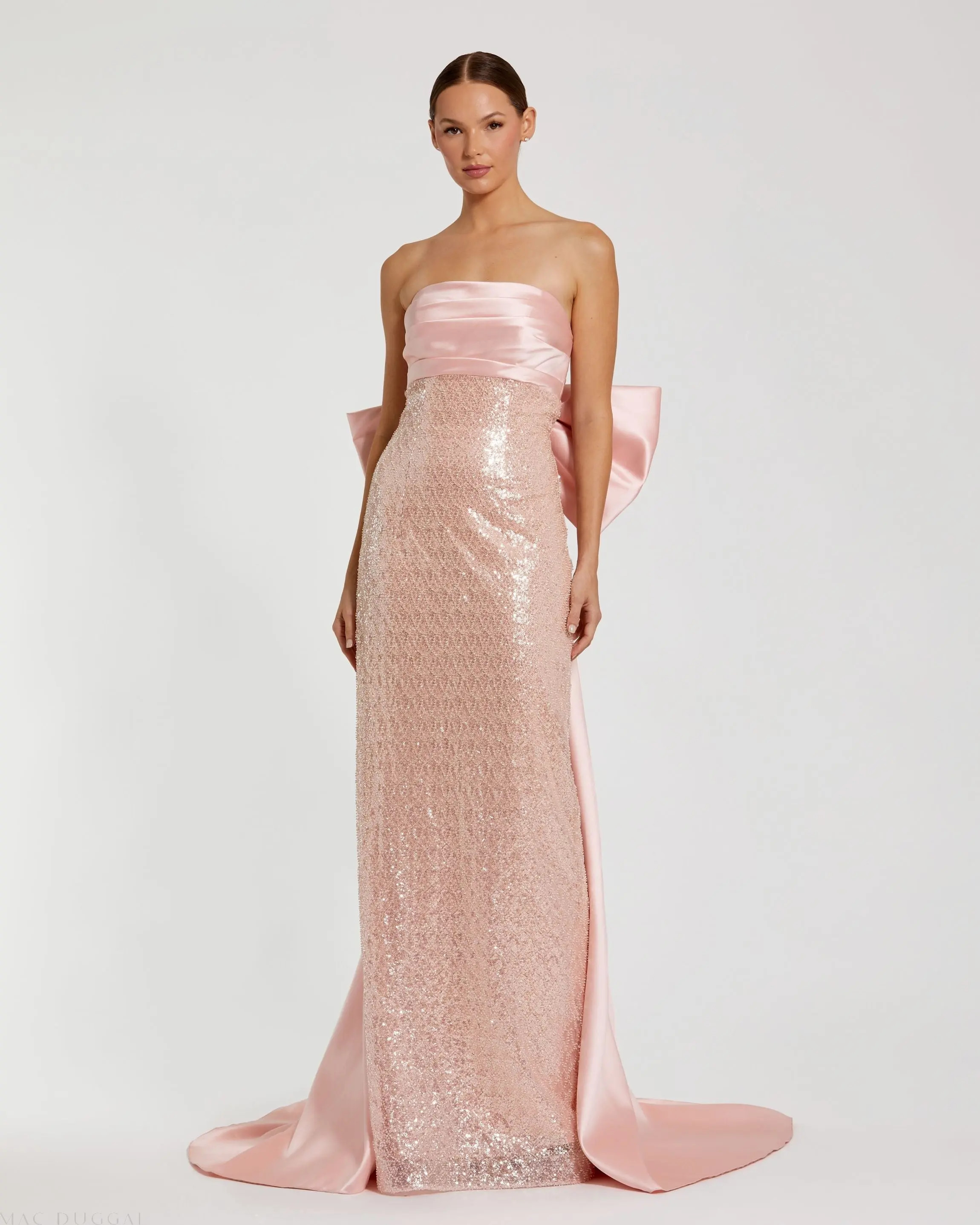 Pink Strapless Embellished Gown With Back Bow Detail | Mac Duggal | Mac Duggal
