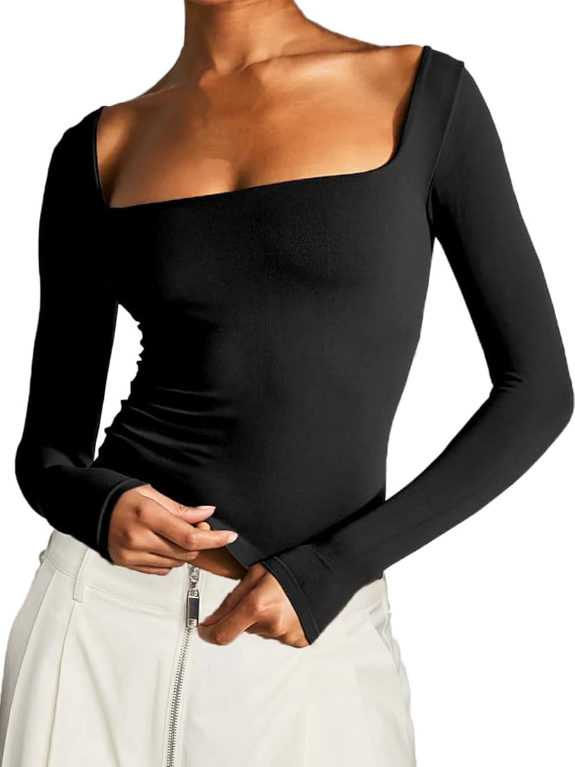 TiulZial Long Sleeve T Shirt Women - Square Neck Going Out Tops Double Lined Tight Shirt Y2K Crop... | Amazon (US)