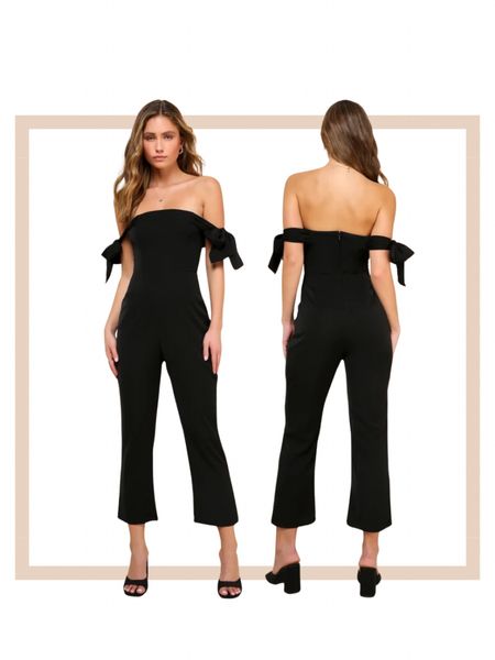 Black off the shoulder tie strap cropped professional party jumpsuit 

#LTKparties #LTKwedding #LTKfindsunder100