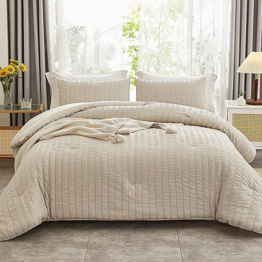 AveLom Beige Seersucker Queen Comforter Set (90x90 inches), 3 Pieces-100% Soft Washed Microfiber ... | Amazon (US)