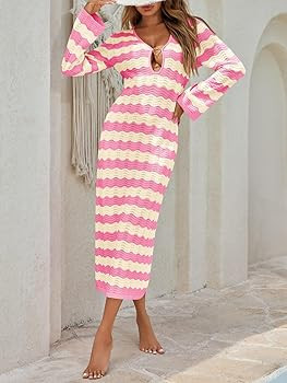 Saodimallsu Womens Crochet Summer Maxi Dress Striped Sexy Cut Out V Neck Long Sleeve Knit Cover U... | Amazon (US)