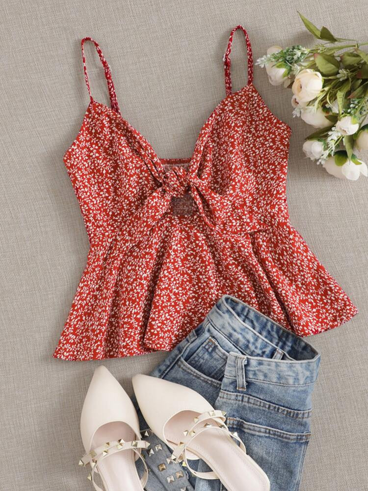 SHEIN Ditsy Floral Self-Tie Cami Peplum Top | SHEIN