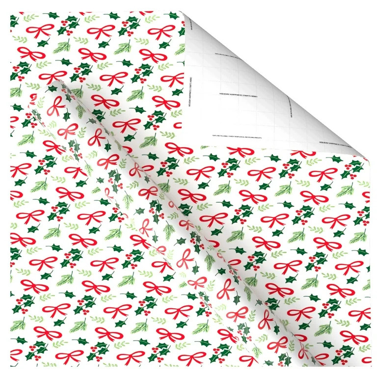 Multicolor Holly and Bows Christmas Wrapping Paper, 30 sq ft, by Holiday Time | Walmart (US)
