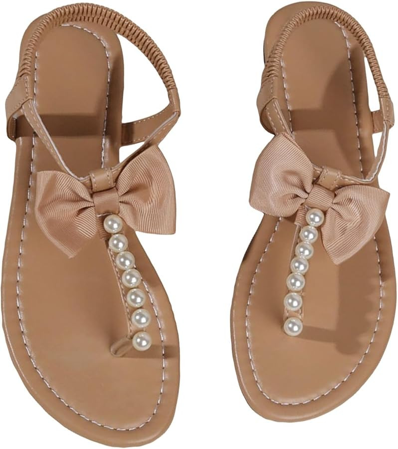 OYOANGLE Women's Pearl Decor Bowknot Ankle Straps Flat Sandals Solid Plain Open Toe Leather Thong... | Amazon (US)