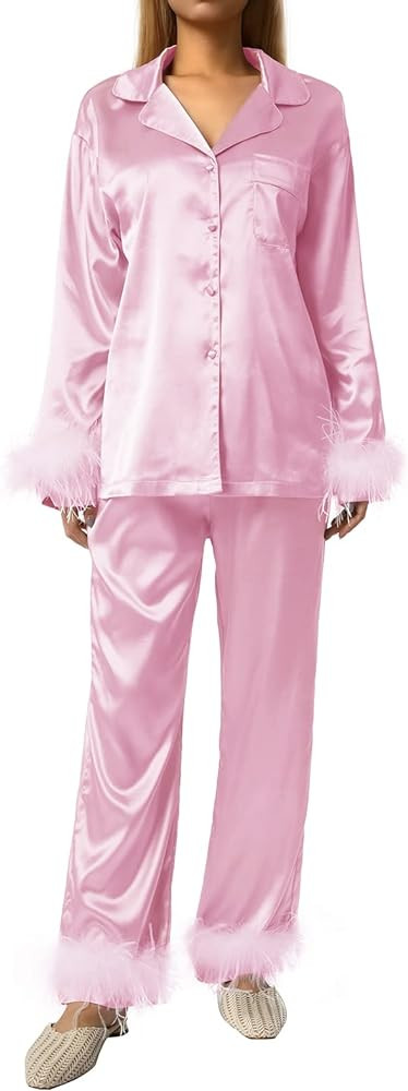 Damen-Pyjama-Set aus Seide, elegant, langärmelig, Knopfleiste, Federbesatz, Hemd und lange Hose,... | Amazon (DE)