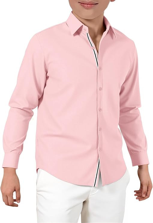 Haloumoning Boys Long Sleeve Dress Shirts Kids Solid Casual Button Down Uniform Shirts 5-14 Years | Amazon (US)