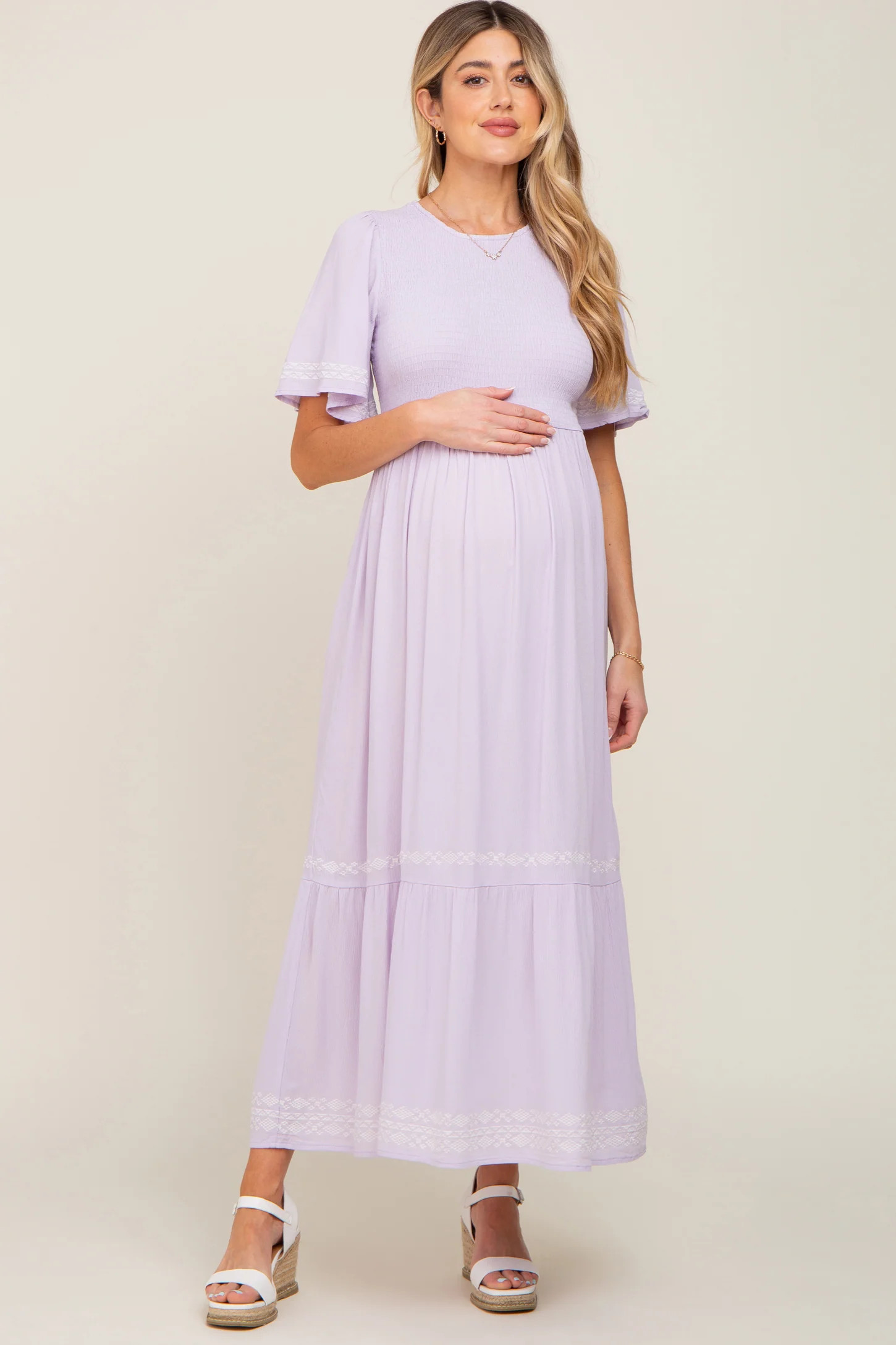 Lavender Embroidered Accent Maternity Maxi Dress | PinkBlush Maternity