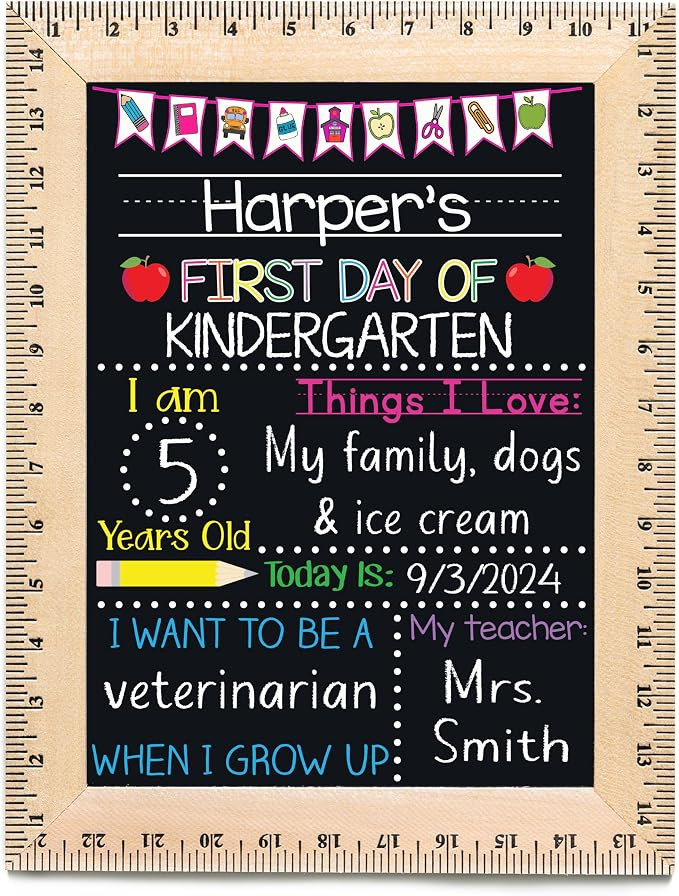 Personalized First Day of School Sign (15"x11.5"), Real Wood Ruler Frame, Reusable Chalkboard- Ea... | Amazon (US)