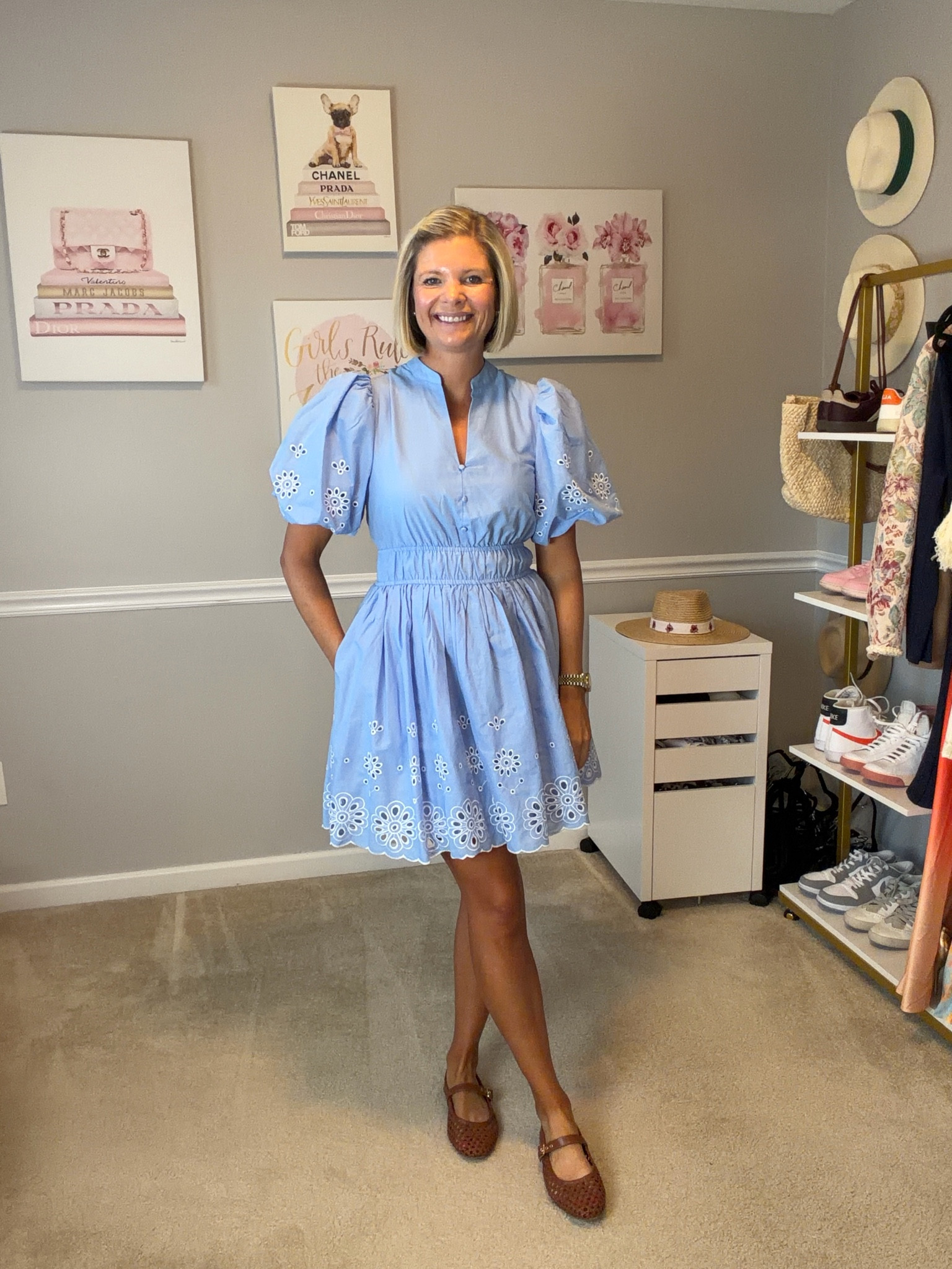 Light blue dress with elastic waist (great for petite girls) sized down and wearing a small
Woven brown Mary Jane flats TTs

#LTKMidsize #LTKOver40 #LTKWorkwear