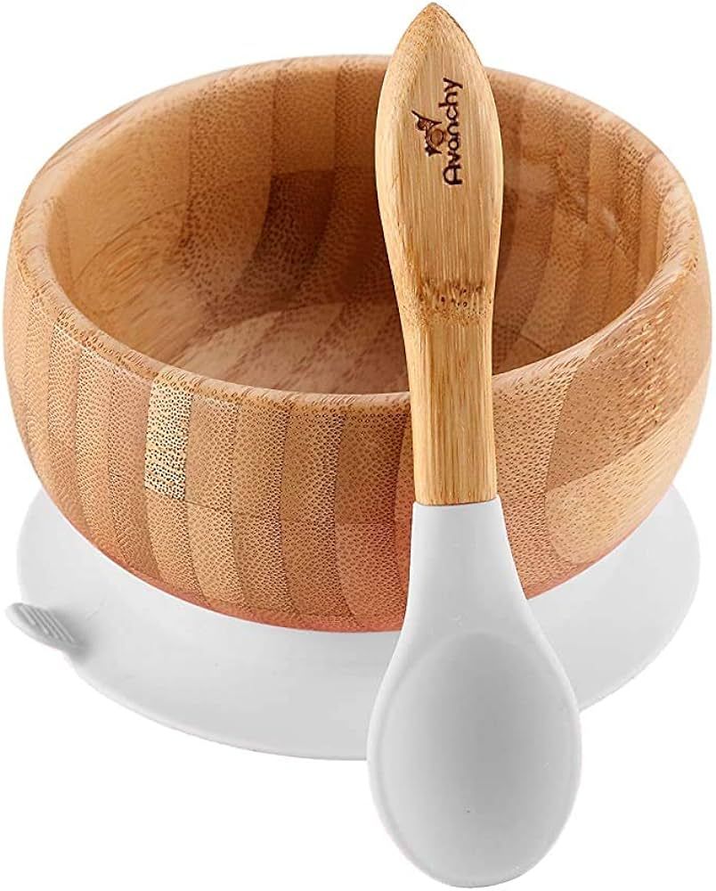 Avanchy Baby Toddler Infant Feeding Bowls. Stay Put Natural Bamboo Suction Bowl + Soft Tip Silico... | Amazon (US)