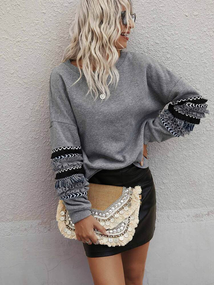 Chevron Frill Trim Drop Shoulder Sweatshirt | SHEIN