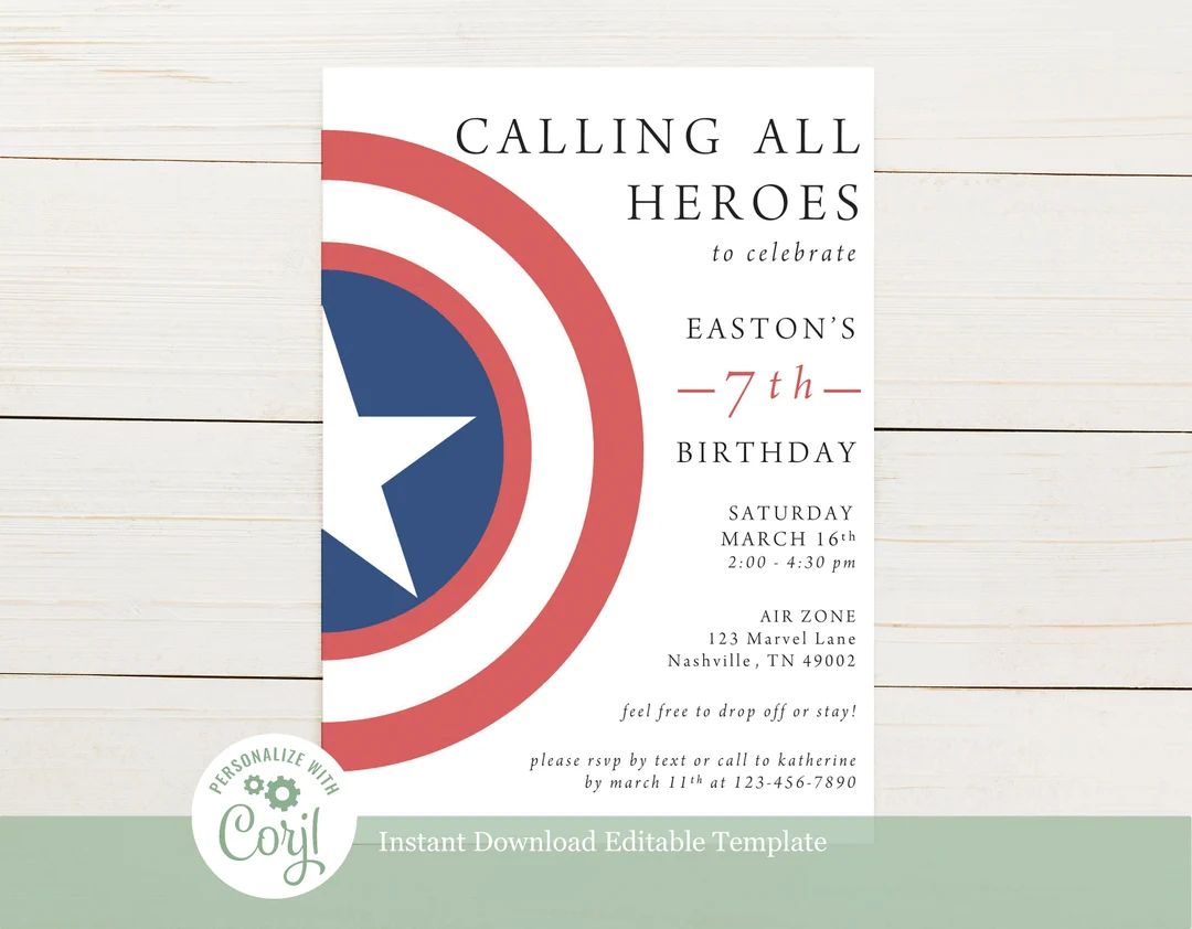 Captain America Super Hero Birthday Party Invitation Editable Template - Etsy | Etsy (US)