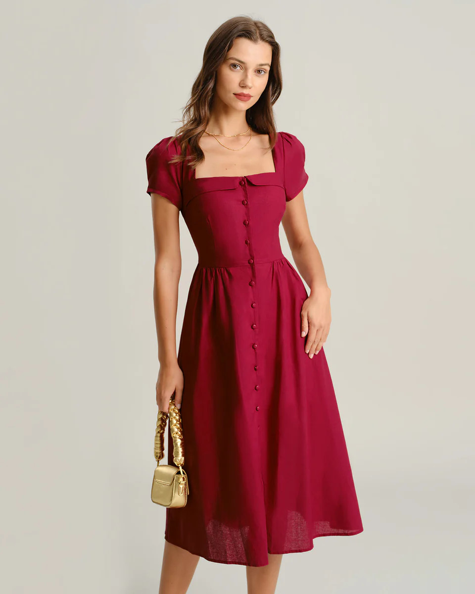Wine Red Square Neck A-Line Midi Dress | rihoas.com