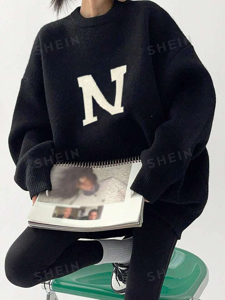 Letter Pattern Drop Shoulder Oversized Sweater | SHEIN